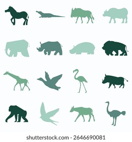 Collection of animal silhouettes, featuring a variety of African wildlife, including elephants, rhinoceros, giraffes, hippos, birds, and other animals.  