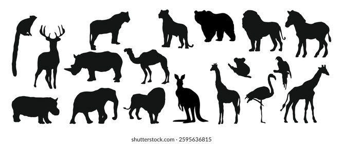 A collection of animal silhouettes, including giraffes, zebras, and elephants. Scene is playful and whimsical, as the animals are drawn in black and white