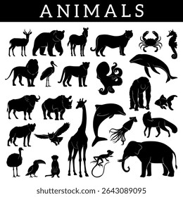 A collection of animal silhouettes including land, sea, and air creatures, showcasing wildlife variety in black shapes.