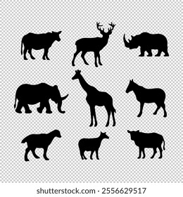 A collection of animal silhouettes on a transparent background, featuring various species in simple, clean designs, perfect for creative projects and graphic designs.