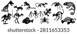Collection of animal skeleton silhouettes including dinosaur, fish, bird, bat, spider, lizard, chameleon, dog, monkey and other fossil bone illustrations. Vector set isolated on white background.