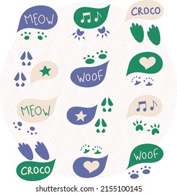 A collection of animal tracks and sounds. Symbols of heart and star. Doodle style. Vector illustration