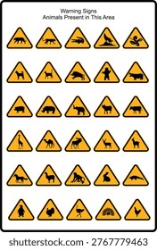 Collection of animal warning signs featuring various wildlife hazard symbols in yellow triangle shapes. Includes icons of mammals, birds, reptiles, and other animals commonly used for road safety and environmental awareness. Designed with high-contrast black silhouettes on yellow backgrounds for clear visibility. Ideal for traffic signs, safety guidelines, wildlife crossing alerts, and educational use. Clean and simple vector style.
