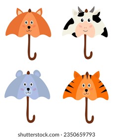 Collection of animalistic umbrellas. Pictures for children. Accessories with animals. Fox, mouse, tiger, cow. Graphic elements. Flat vector illustration set.