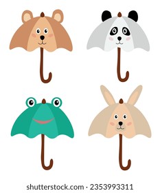 Collection of animalistic umbrellas. Pictures for children. Accessories with animals. Rabbit, bear, frog, panda. Graphic elements. Flat vector illustration set.