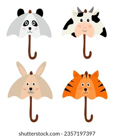 Collection of animalistic umbrellas. Pictures for children. Accessories with animals. Rabbit, tiger, panda, cow. Graphic elements. Flat vector illustration set.