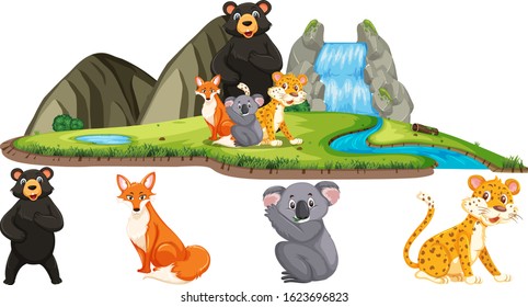 Colección de animales, oso, zorro, koala y tigre en una cascada