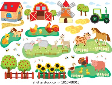 collection of animals and buildings on the farm. pig, horse, cow, rooster, turkey, chicken, duck, duck, cat, dog, house, mill, barn, tractor. vector illustration in cartoon style