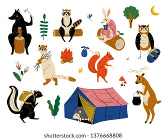 Collection of Animals Characters Having Hiking Adventure Travel or Camping Trip Vector Illustration