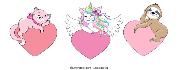 Collection of animals holding a heart on a white background isolated. Valentine's cat, unicorn and sloth. Cartoon animals for valentines day