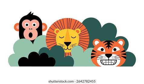 A Collection of Animals in the Jungle Featuring a Monkey Lion and a Tiger