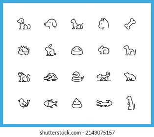 Collection of Animals linear icons. Set of dog, cat symbols drawn with thin contour lines. Vector illustration.