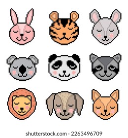 Collection of animals in pixel style on white background.