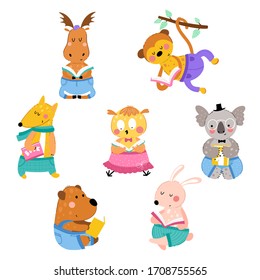 Collection with animals reading books in cartoon style Isolated on a white background. Vector illustration.