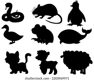 Collection of animals silhouette of farm and wild animal. Vector flat black set collection of animals silhouette isolated on white background

