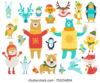 Collection of animals and snowmen, all of them are dressed in sweaters and warm knitted hats, bear stands with cake and present on vector illustration