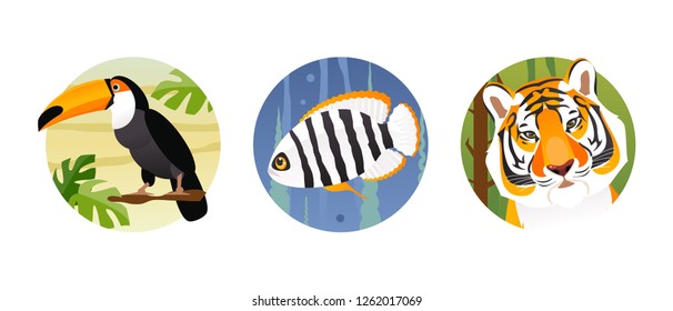 Collection of animals in their habitats. Bird, fish and mammal. Vector illustration