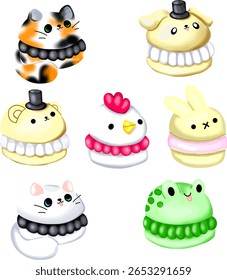 A collection of animal-shaped macarons including cat, frog, dog, chick, rabbit, and bear, each designed with vibrant colors and charming details