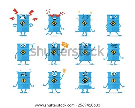 A collection of animated barrel oil characters showcasing different emotions such as happiness, sadness, and confusion in a playful manner. Each character has unique facial expressions.