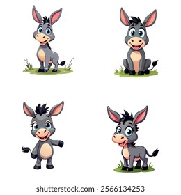 Collection of animated donkeys in various poses and expressions for farm and animal-themed designs