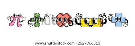 A collection of animated math symbols with expressions and personalities, like Pi, division, multiplication, subtraction, and addition symbols.