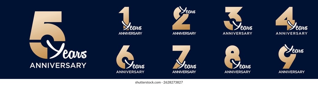 collection anniversary 1 to 9 year logo designs. abstract number for celebration event, wedding, greeting card, and invitation, vector illustration