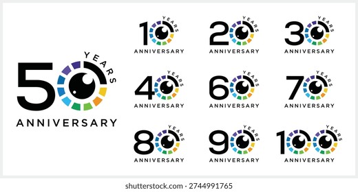 Collection of anniversary 10 to 100 logo design. Celebration day camera lens eye focus vector symbol icon concept