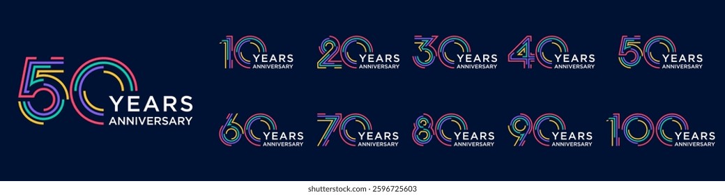 collection anniversary 10 to 100 year logo designs. abstract number for celebration event, wedding, greeting card, and invitation, vector illustration