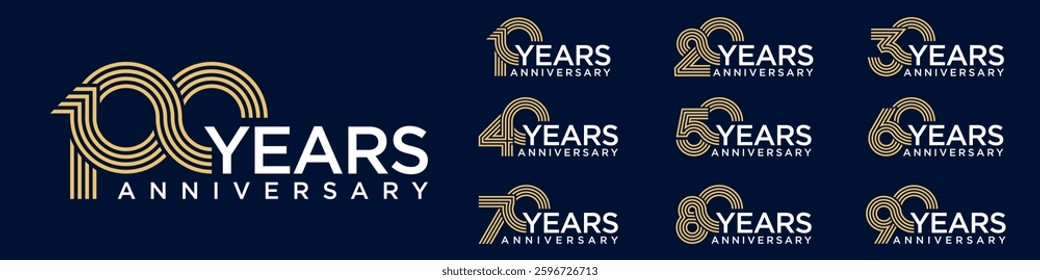 collection anniversary 10 to 100 year logo designs. abstract number for celebration event, wedding, greeting card, and invitation, vector illustration