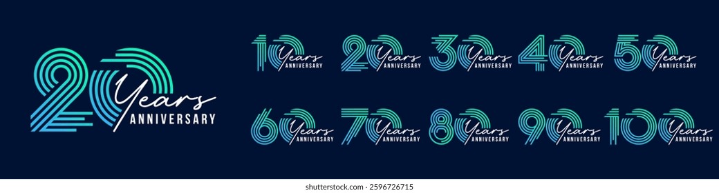 collection anniversary 10 to 100 year logo designs. abstract number for celebration event, wedding, greeting card, and invitation, vector illustration