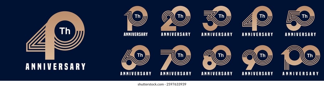 collection anniversary 10 to 100 year logo designs. abstract number for celebration event, wedding, greeting card, and invitation, vector illustration
