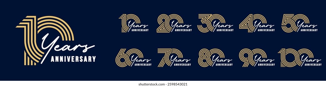 collection anniversary 10 to 100 year logo designs. abstract number for celebration event, wedding, greeting card, and invitation, vector illustration