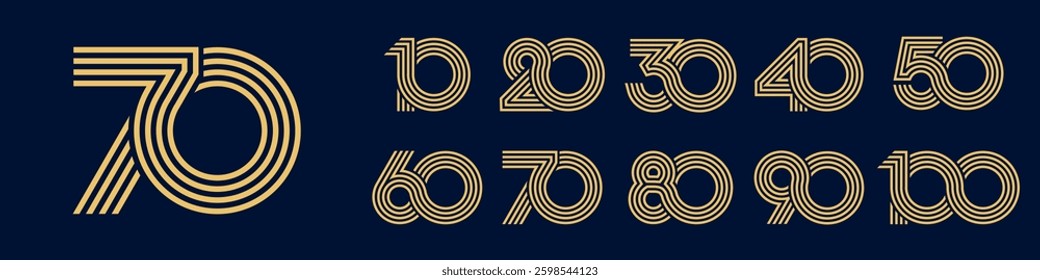 collection anniversary 10 to 100 year logo designs. abstract number for celebration event, wedding, greeting card, and invitation, vector illustration