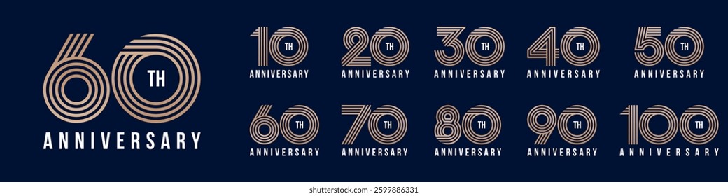 collection anniversary 10 to 100 year logo designs. abstract number for celebration event, wedding, greeting card, and invitation, vector illustration