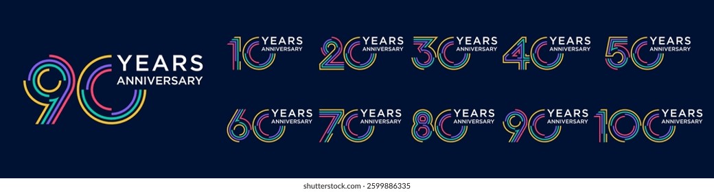 collection anniversary 10 to 100 year logo designs. abstract number for celebration event, wedding, greeting card, and invitation, vector illustration