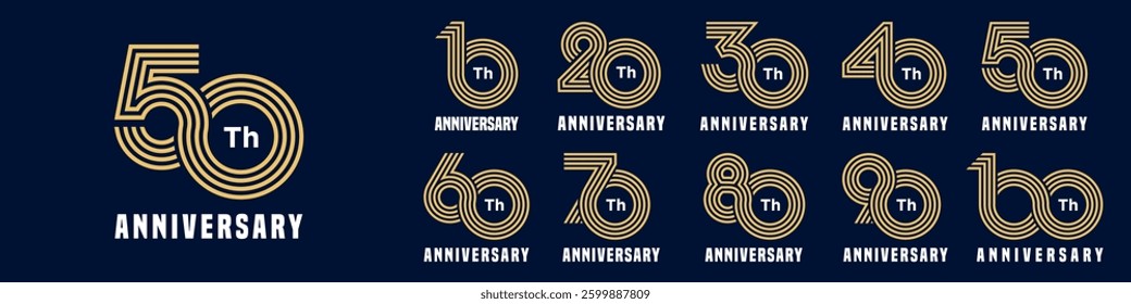 collection anniversary 10 to 100 year logo designs. abstract number for celebration event, wedding, greeting card, and invitation, vector illustration