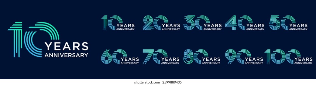 collection anniversary 10 to 100 year logo designs. abstract number for celebration event, wedding, greeting card, and invitation, vector illustration
