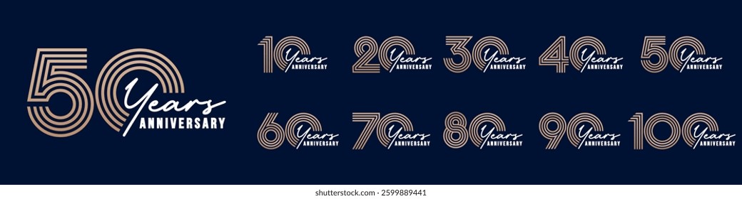 collection anniversary 10 to 100 year logo designs. abstract number for celebration event, wedding, greeting card, and invitation, vector illustration