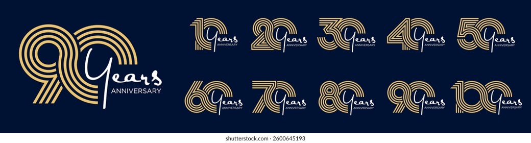 collection anniversary 10 to 100 year logo designs. abstract number for celebration event, wedding, greeting card, and invitation, vector illustration