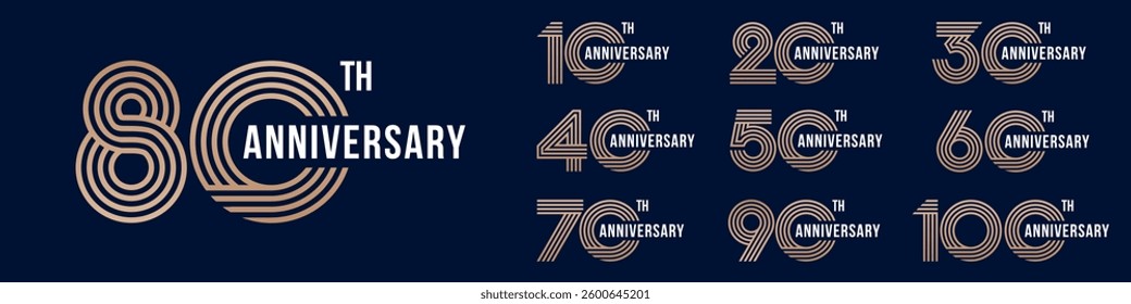 collection anniversary 10 to 100 year logo designs. abstract number for celebration event, wedding, greeting card, and invitation, vector illustration
