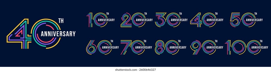 collection anniversary 10 to 100 year logo designs. abstract number for celebration event, wedding, greeting card, and invitation, vector illustration