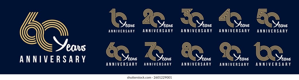 collection anniversary 10 to 100 year logo designs. abstract number for celebration event, wedding, greeting card, and invitation, vector illustration