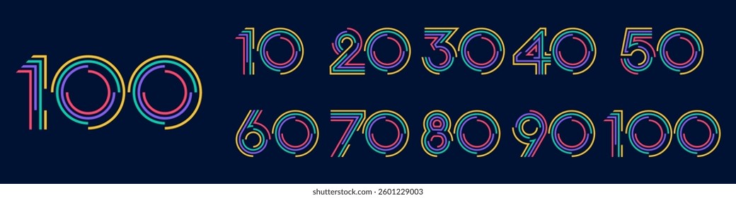 collection anniversary 10 to 100 year logo designs. abstract number for celebration event, wedding, greeting card, and invitation, vector illustration