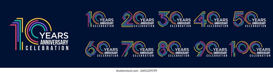 collection anniversary 10 to 100 year logo designs. abstract number for celebration event, wedding, greeting card, and invitation, vector illustration