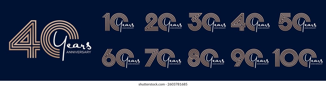 collection anniversary 10 to 100 year logo designs. abstract number for celebration event, wedding, greeting card, and invitation, vector illustration