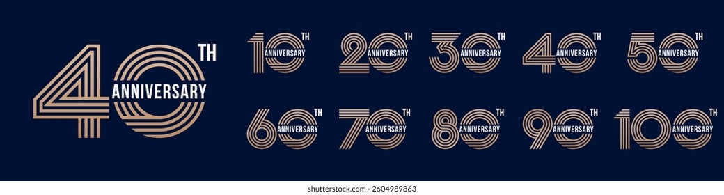 collection anniversary 10 to 100 year logo designs. abstract number for celebration event, wedding, greeting card, and invitation, vector illustration