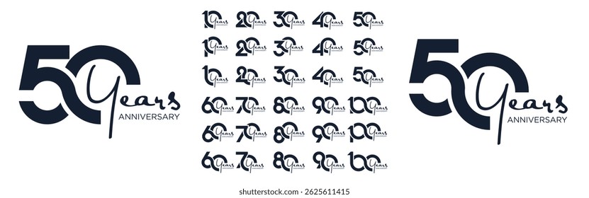 collection anniversary 10 to 100 year logo designs. abstract number for celebration event, wedding, greeting card, and invitation, vector illustration