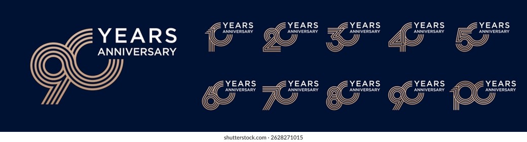 collection anniversary 10 to 100 year logo designs. abstract number for celebration event, wedding, greeting card, and invitation, vector illustration