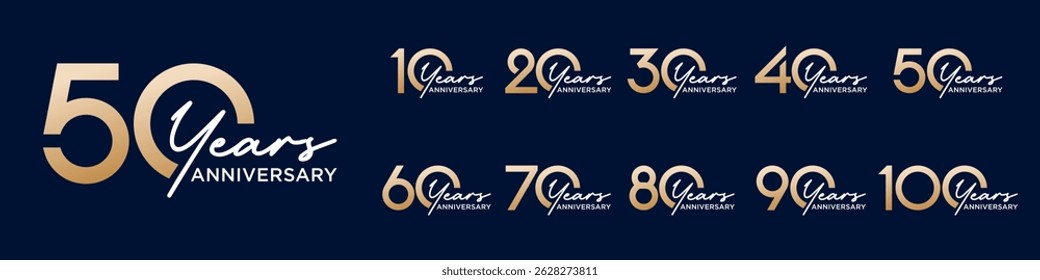 collection anniversary 10 to 100 year logo designs. abstract number for celebration event, wedding, greeting card, and invitation, vector illustration