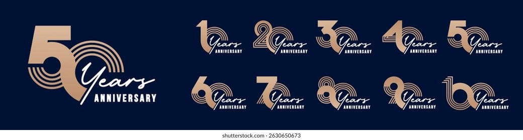 collection anniversary 10 to 100 year logo designs. abstract number for celebration event, wedding, greeting card, and invitation, vector illustration